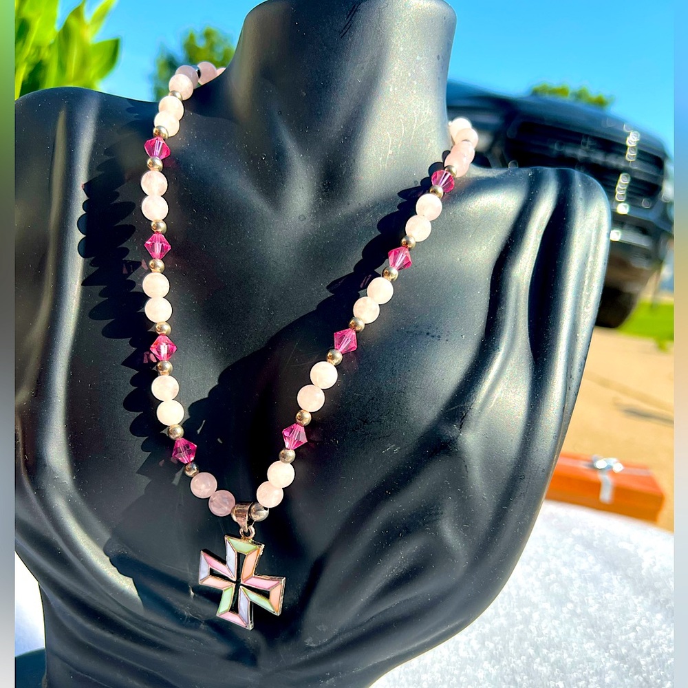 Vintage Handmade Crystal Natural Stone Mother of Pearl Pearlized Cross Necklace